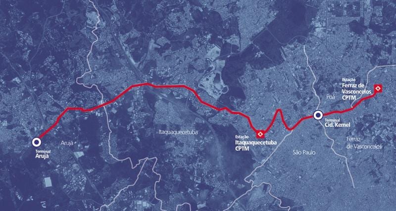 Kort over corredor BRT metropolitano Perimetral Alto Tietê